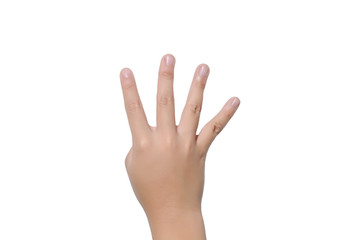 Boy raising four fingers up on hand on white background.