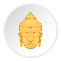 Buddha statue icon in cartoon style isolated on white circle background. Religion symbol vector illustration