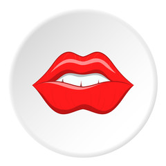 Lips icon in cartoon style isolated on white circle background. Kiss symbol vector illustration