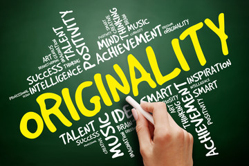 Originality word cloud, business concept on blackboard
