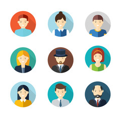 People user pics icons in flat style. Different male and female avatars. Men  women faces collection set. Vector illustration.