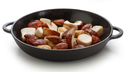 White mushrooms in the black iron pan