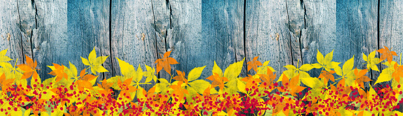 Herbstlicher Panorama Hintergrund mit schönem getöntem Holz und buntem Laub der Waldrebe