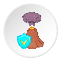 Eruption of volcano and sign safety icon in cartoon style isolated on white circle background. Disaster symbol vector illustration