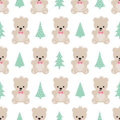 Teddy Bear with Xmas Trees seamless pattern on white background. Cute vector background with boy teddy bear and Christmas tree. Design for print on baby's clothes, textile, wallpaper, fabric.