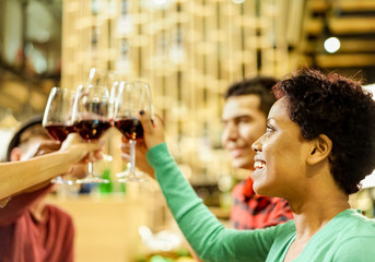 Group of multi ethnic friends cheering and toasting wine in wood