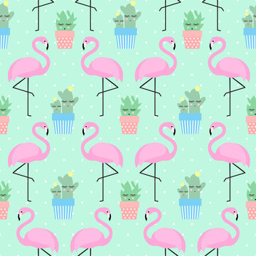 Pink flamingo with cactus in cute pots seamless pattern on polka dots background.