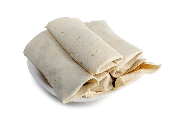 Burrito and ingredients on a white background