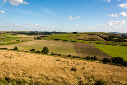 Farmer sowing seeds on field in Wiltshire, England. Tractor planting crops in field, in front of Middle Hill in the Imber Range, in the British autumn