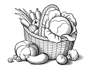 Basket with vegetables. Stylized black and white vector illustration. Cabbage, pumpkin, eggplant, tomatoes, onion, carrots, broccoli, brussels sprouts