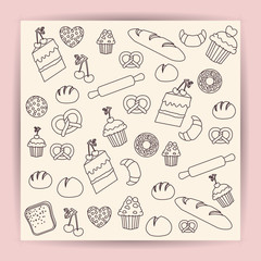 Bread cake muffin cupcake croissant pretzel cherry and rolling pin icon. Bakery food daily and fresh theme. Frame design. Vector illustration