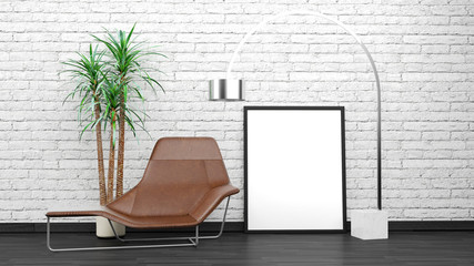 Modern Interior Mock Up With Black Photo Frame, Floor Lamp, Chair, Flower, White Bricks Wall In Background, Dark Wooden Floor, 3D Rendering