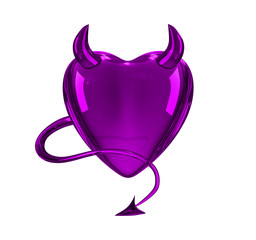 Glossy 3D devil purple heart with horns and tail