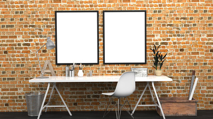 Workshop Interior Mock Up With 2 Frames, Home studio, Contemporary, Red Bricks Wall, Modern Furniture, 3D rendering