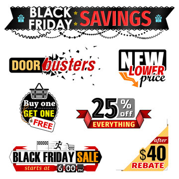 Black Friday Sale banner elements. Set of tags for christmas sales, holiday shopping. Vector image for christmas, sales, new years day, discount, winter holiday, shopping season, price reduction, etc