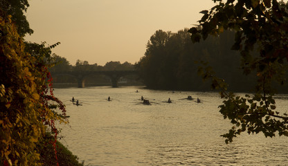Rowing on Po River in autumn