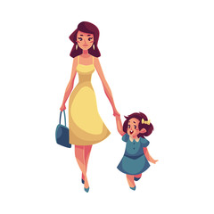 Mother and daughter walking together, cartoon vector illustrations isolated on white background. Young beautiful mom holding her daughter hand and walking together, happy family concept