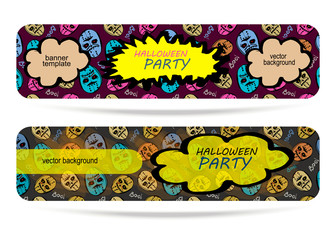 Banners template for halloween, drawing monster mask, bright background, hand-drawing frame, grunge border