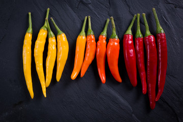 many vibrant colors on peppers , old wooden background