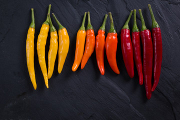 many vibrant colors on peppers , old wooden background
