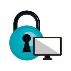 motor computer device with blue padlock icon. vector illustration
