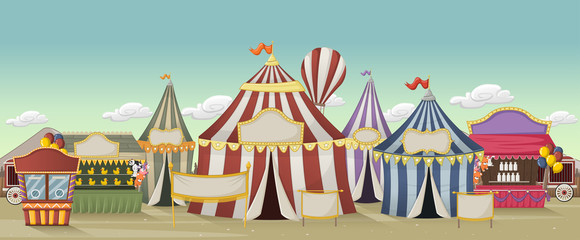 Retro cartoon circus with tents. Vintage carnival background.
