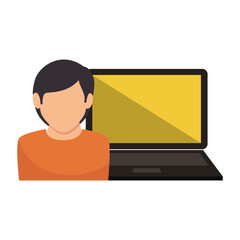 laptop computer device and avatar man. vector illustration