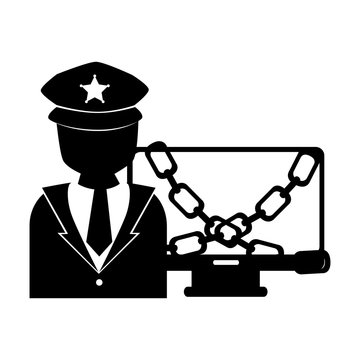police man and computer with chains. silhouette. vector illustration