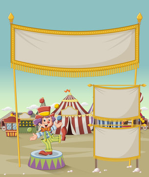 Cartoon clown juggling in front of cartoon circus. Vintage carnival background.
