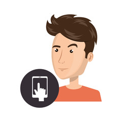 avatar man person with smartphone icon over black cirlcle. vector illustration