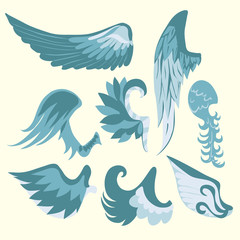 Set Of Beautiful Cute Cartoon Blue And White Wings