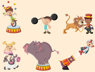 Retro circus cartoon characters and animals. Vintage carnival children.   © denis_pc