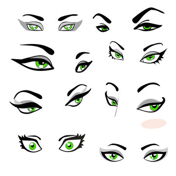 Set Of Green Eyes With Eyebrows With The Expression Of Emotions