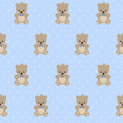 Teddy Bear seamless pattern on baby blue polka dots background. Cute vector with baby bear. Design for print on baby's clothes, textile, baby shower, wallpaper, fabric. - 122951512