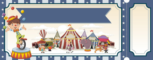 Ticket with cartoon characters in front of retro circus. Vintage carnival background with children.
