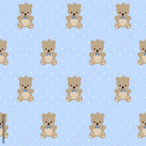 Teddy Bear Seamless Pattern On Baby Blue Polka Dots Background Cute