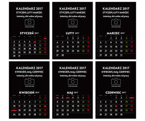 Polski kalendarz 2017 ścienny  Styczen - Czerwiec format A3 z imieninami i dniami wolnymi od pracy. Każda grupa elementow na innej warstwie. 