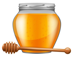 Jar of honey with wooden drizzler. Vector illustration.