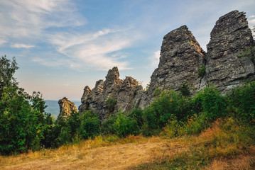 Naklejka na ściany i meble Amazing landscape with mountain range and beautiful blue sky, dragon backbone, Russia, Ural, Europe - Asia boundary