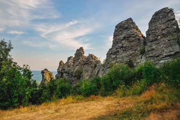 Foto op Canvas Amazing landscape with mountain range and beautiful blue sky, dragon backbone, Russia, Ural, Europe - Asia boundary © SergeyCash