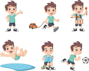 Cute happy cartoon boy playing. Sports and toys.
