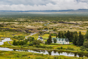 Famous Thingvellir National Park in Iceland with white church