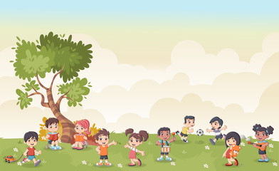 Green grass landscape with cute cartoon kids playing. Sports and recreation.
