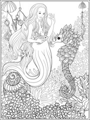 Hand drawn mermaid with gold fish in underwater world. 