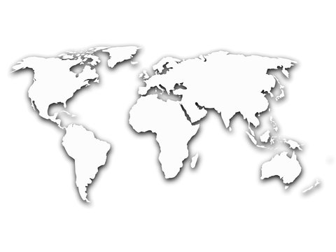 Simplified contour world map with shadow on white gradient background. Vector illustration.