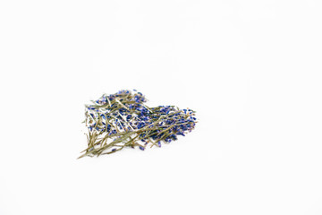 Heartshaped lavender petals on a white background