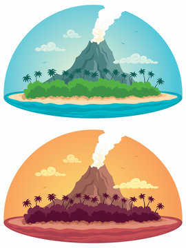Tropical Island on White / Clip art illustration of tropical island with smoking volcano in 2 color versions.