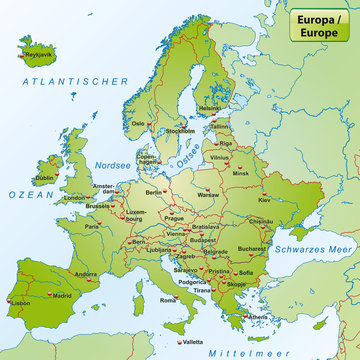 Landkarte von Europa mit Hauptst&auml;dten