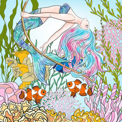 Obraz na płótnie Canvas Hand drawn mermaid with gold fish in underwater world. 