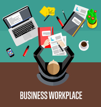 Top view business workplace, vector illustration. Overhead view of businessman working with financial documents at office desk. Business people background. Workspace banner in flat style.